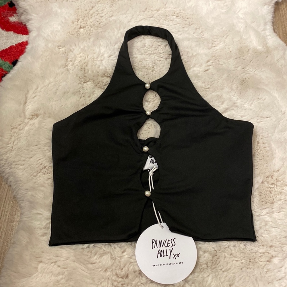 Never worn tag still on princess polly halter top in black with pearl details